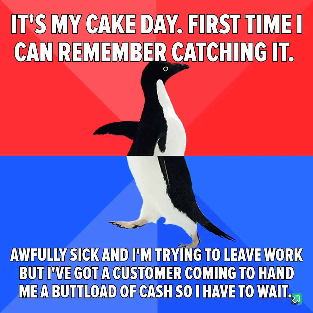 A penguin stands centered against a red and blue background, with white text overlaid in two sections. The top text reads…