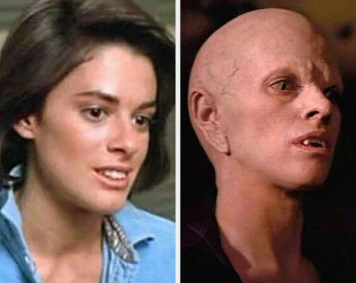 The image is a split-screen showing a woman with dark hair and a blue shirt on the left, and a bald, pale, alien-like man…