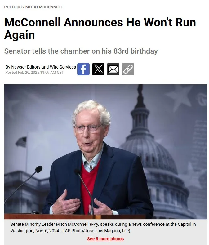 A screenshot of a news article headline about Mitch McConnell announcing he won't run for re-election on his 83rd birthday…