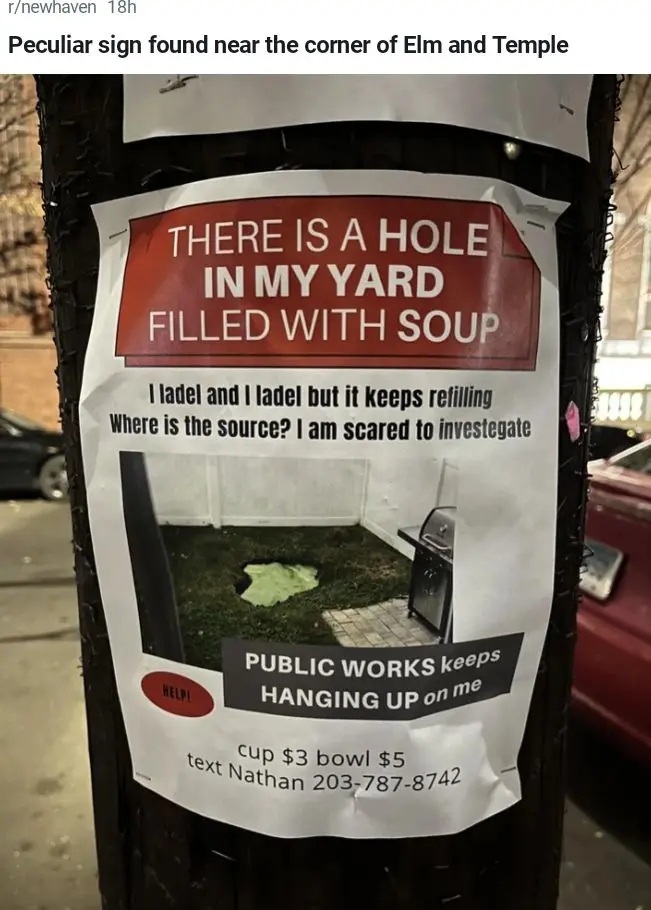 A sign taped to a pole shows a photo of a yard with a hole filled with green liquid. The text claims the hole is filled with…
