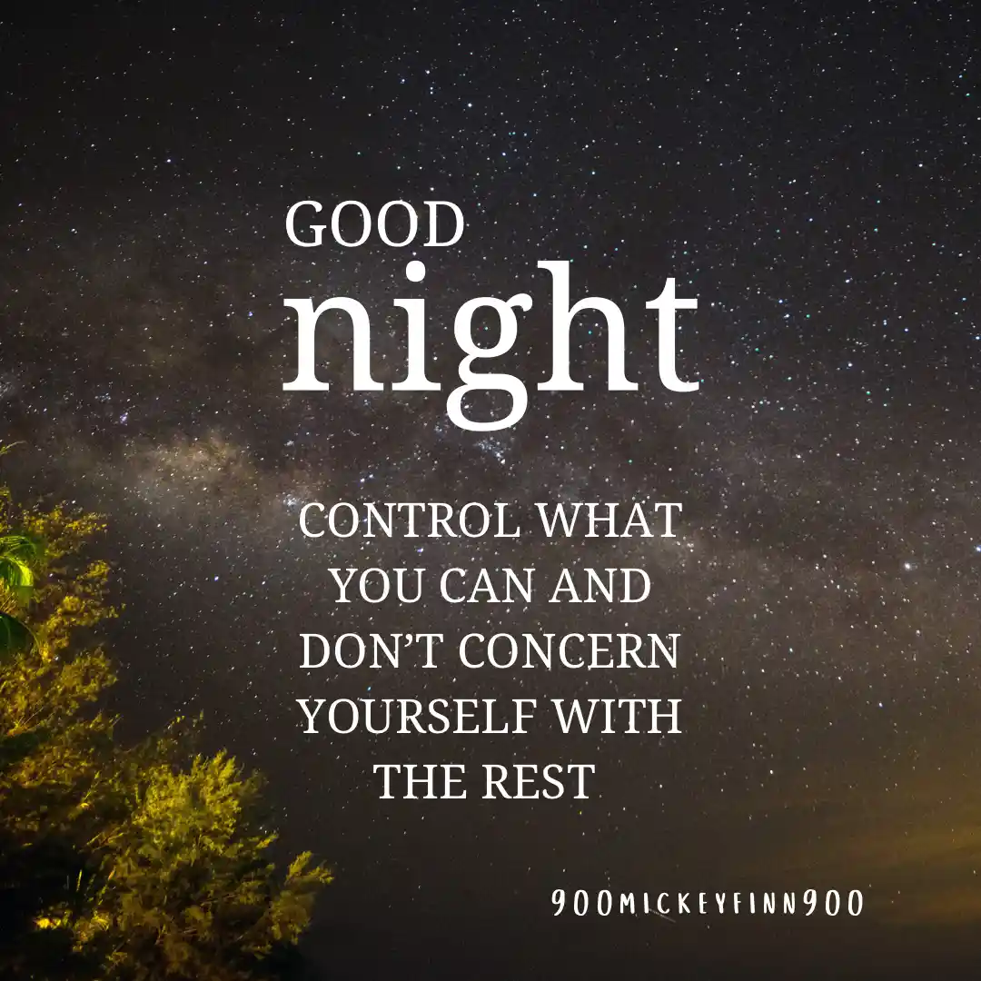 A starry night sky with silhouetted trees on the left, overlaid with white text reading 'GOOD night', followed by 'CONTROL…