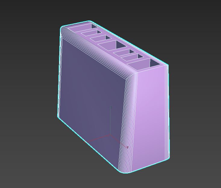 a 3d rendered model of a purple brick with a hollowed-out top section, outlined in cyan and white lines against a dark gray…