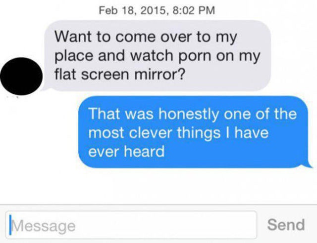 A screenshot of a text message conversation shows a gray message bubble with the text 'Want to come over to my place and…