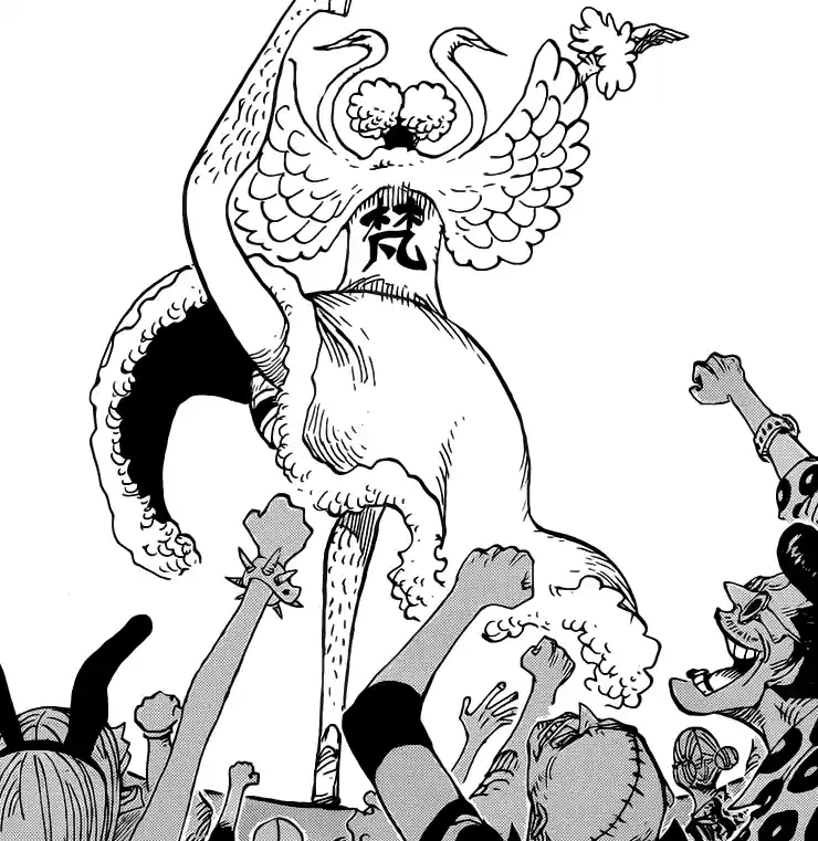 A giant, bird-like humanoid creature with large wings, a kanji symbol on its chest, and a long tail stands triumphantly…