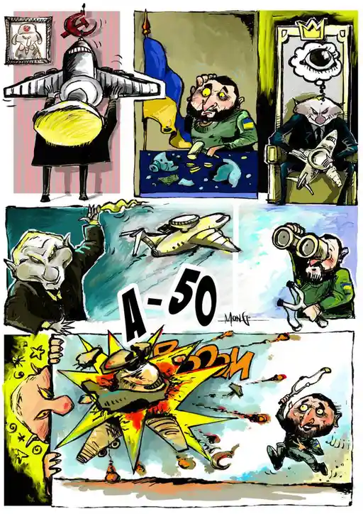 A six-panel comic strip depicts a cartoonish military scenario: a figure in a black coat holds a jet with a hammer and…