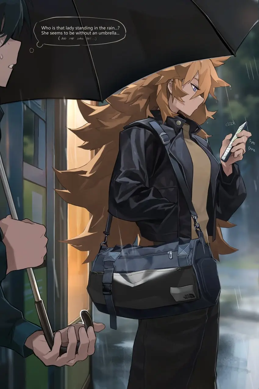 An anime-style illustration shows a person holding an umbrella and looking at a woman standing in the rain without one. The…