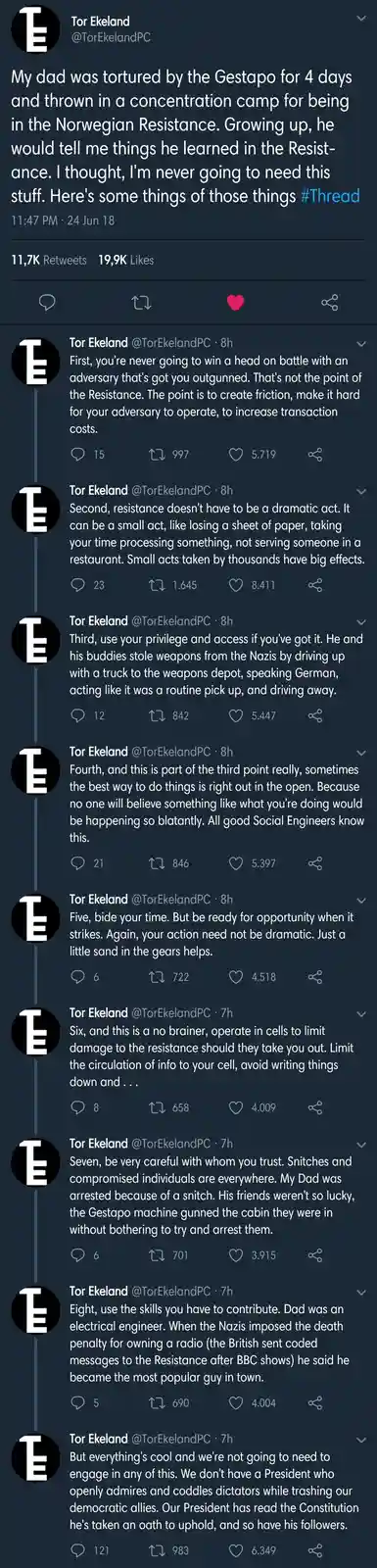 A screenshot of a Twitter thread by Tor Ekeland detailing lessons learned from his father's experiences in the Norwegian…