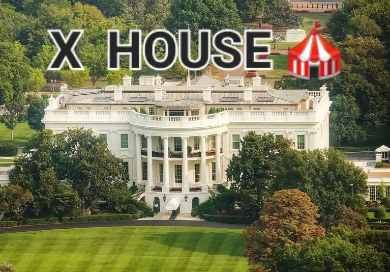 The image shows the White House, a large white neoclassical building surrounded by green lawns and trees. Overlaid text…