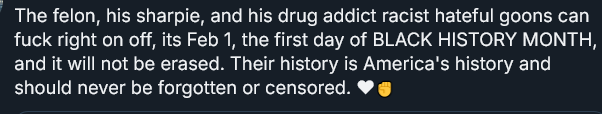 A dark, sarcastic meme image features a black background with white text that reads: 'The felon, his sharpie, and his drug…