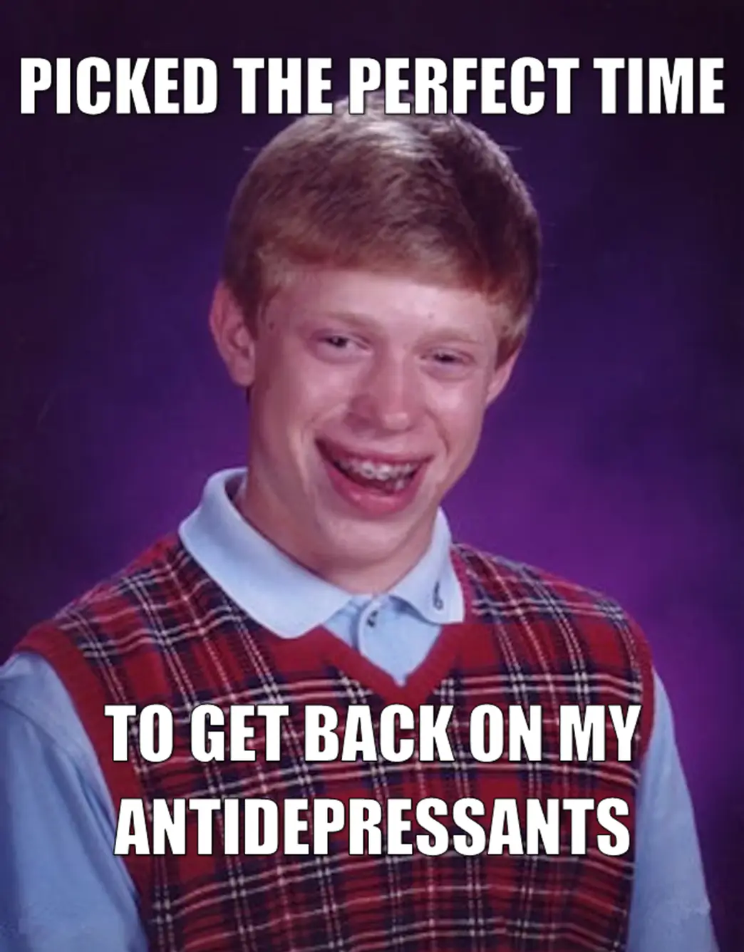 A young man with red hair, braces, and a plaid vest over a light blue collared shirt smiles awkwardly against a purple…
