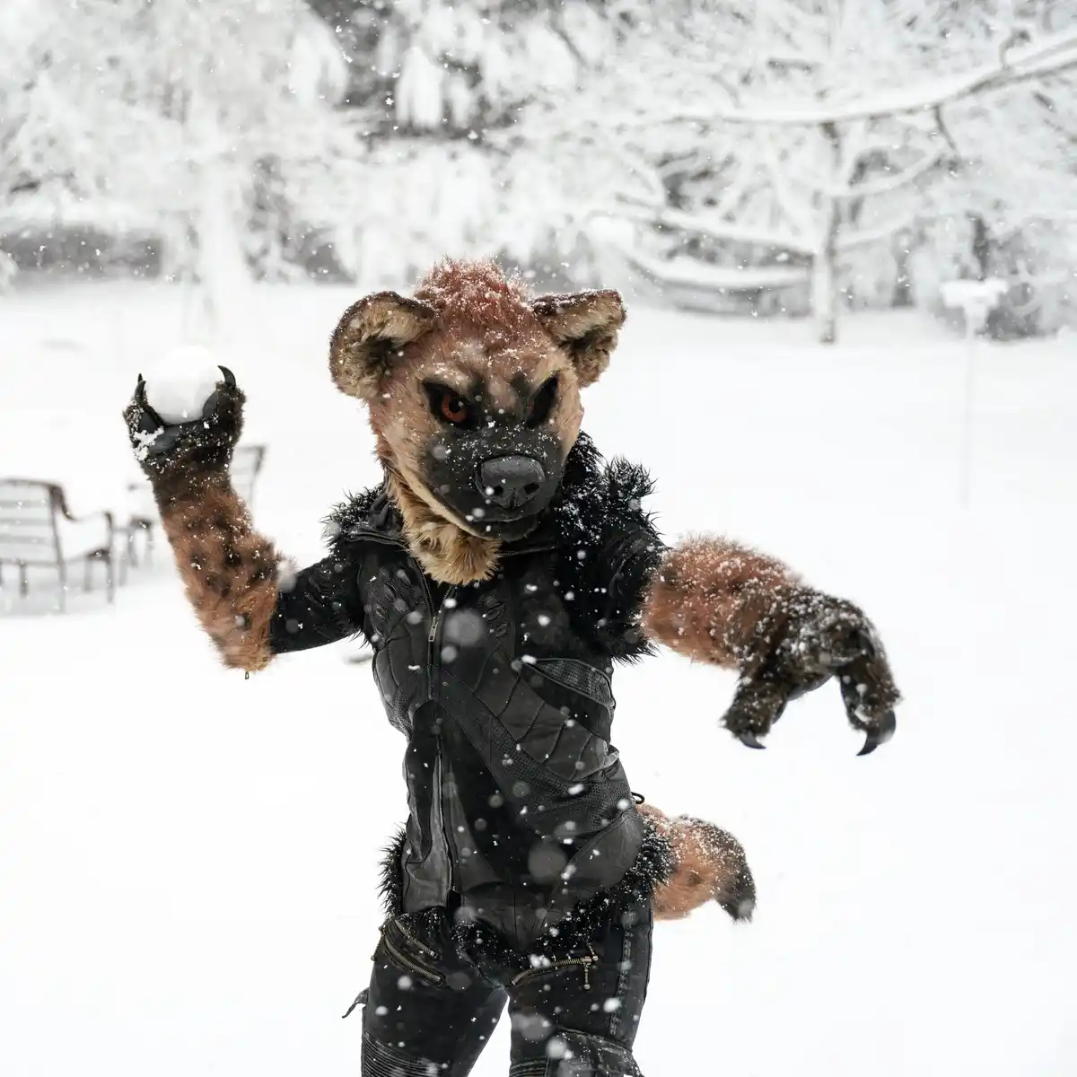 A person in a detailed hyena fursuit stands in a snowy outdoor setting, holding a snowball in one clawed hand while snow…