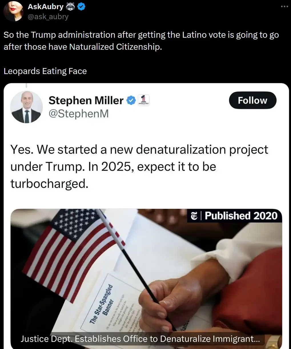 A screenshot of a Twitter thread shows a user named AskAubry asking about targeting naturalized citizens, followed by a…