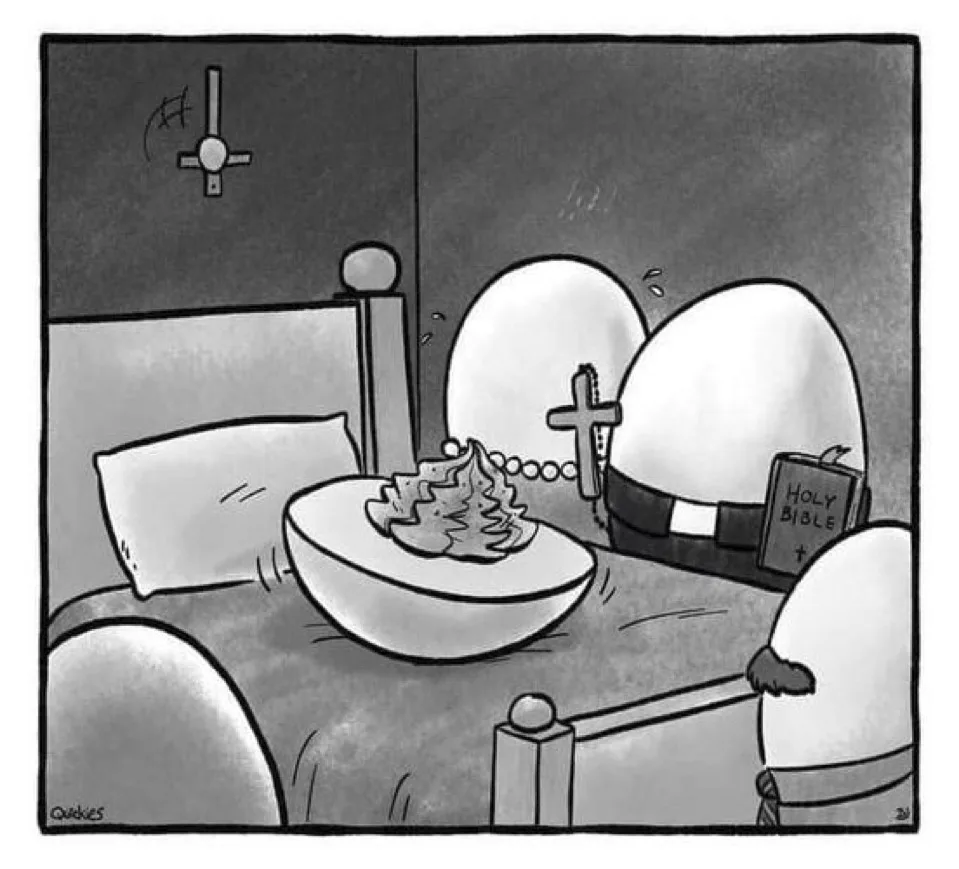 A black-and-white cartoon depicts a bed with three egg-shaped figures. One egg wears a belt and holds a rosary and a book…