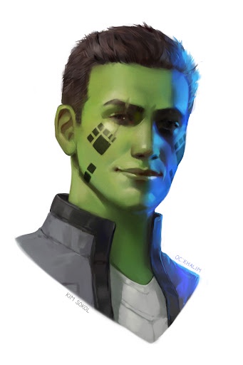 A digital illustration of a man with green skin and blue lighting, resembling a superhero, has black square patterns…