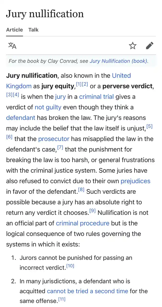The image displays a Wikipedia article page titled 'Jury nullification,' which defines the legal concept where a jury…