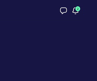 A dark blue screen shows two white icons in the top right corner: a speech bubble and a bell with a green notification badge…