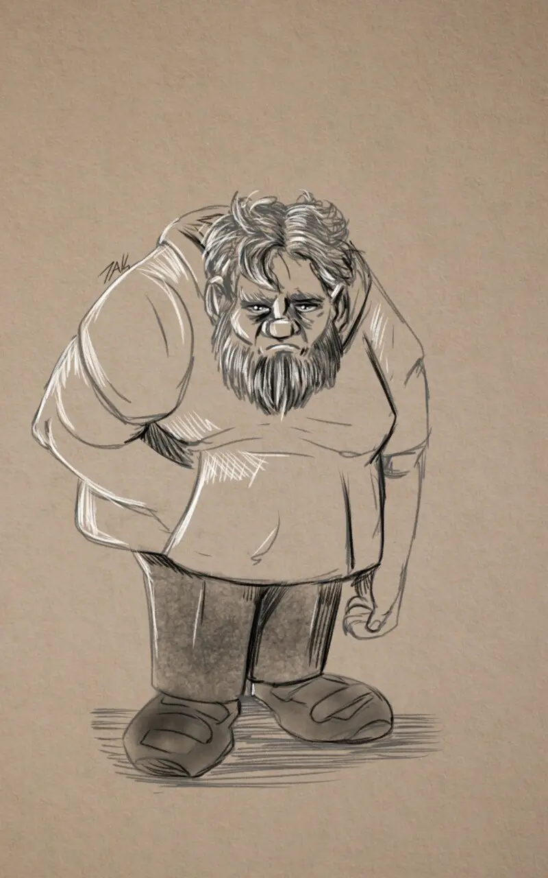 A sketch of a large, bearded man with a grumpy expression, hunched over with his arms crossed, conveying a sense of…
