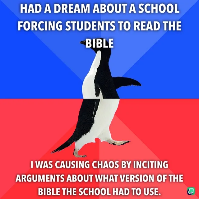 A penguin stands centered against a blue and red background, with white text overlaid in two sections. The top text reads…