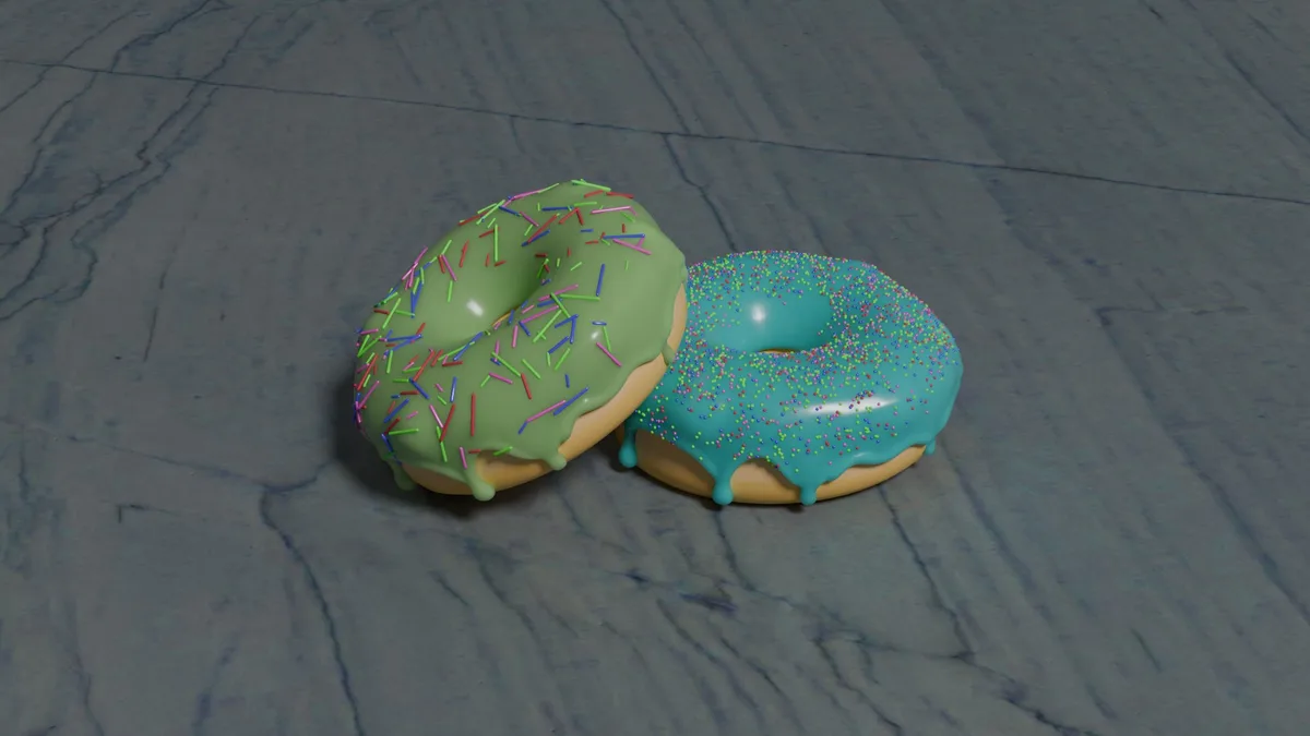 Two 3D-rendered donuts with glossy icing—one green with colorful sprinkles, one blue with colorful sprinkles—rest on a gray…