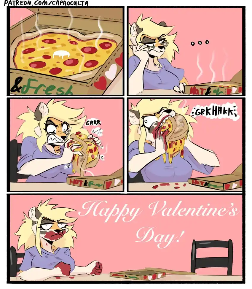 A four-panel comic shows a blonde anthropomorphic fox character initially looking at a steaming pizza box labeled 'Fresh'…