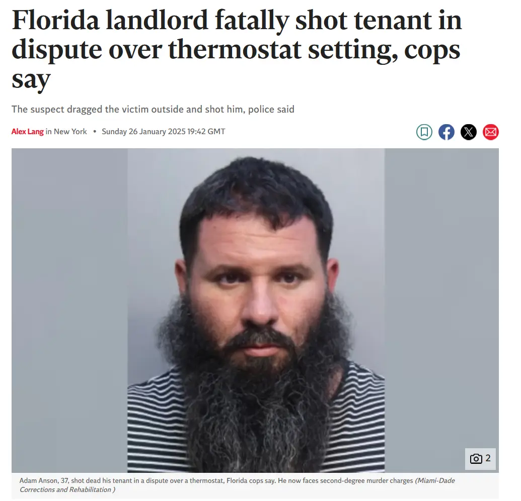 A mugshot of a man with a long dark beard wearing a striped shirt, overlaid with a news headline about a Florida landlord…