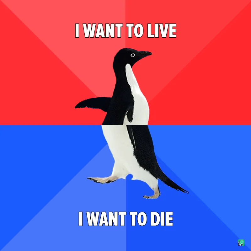 A penguin is split vertically down the middle, with the top half against a red background and the bottom half against a blue…