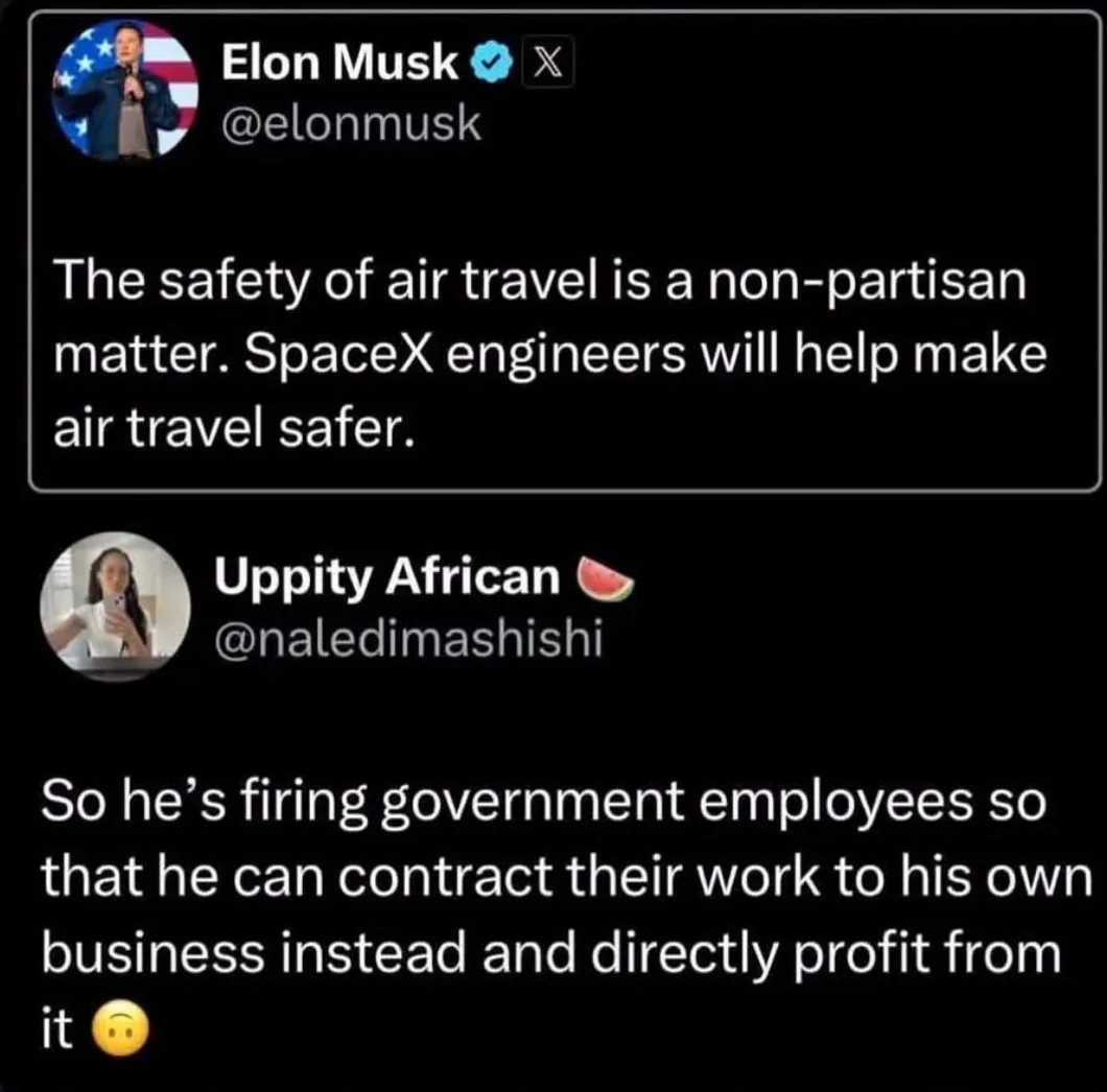 The image displays two tweets. The top tweet is from Elon Musk's verified X account, stating 'The safety of air travel is a…