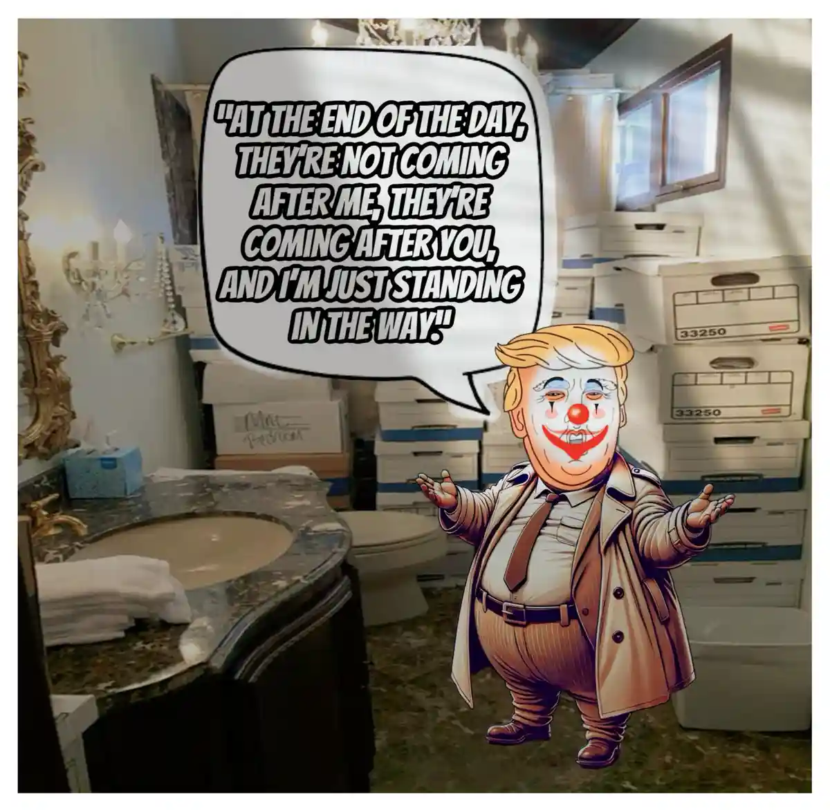 A cartoon caricature of Donald Trump with a clown face, wearing a trench coat and tie, stands in a bathroom filled with…
