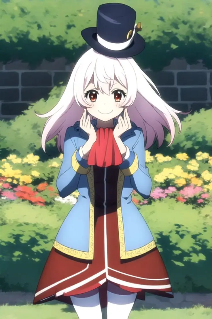 An anime girl with white hair and brown eyes wears a blue coat, red skirt, and a black top hat with a white band and gold…