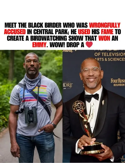 The image shows two side-by-side photos of the same Black man: on the left, he's outdoors in casual clothes with binoculars…