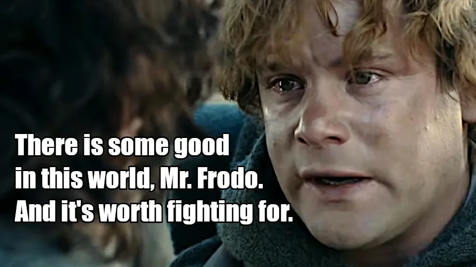 A close-up of Frodo Baggins from 'The Lord of the Rings' looking tearful and earnest, with white text overlaid that reads…