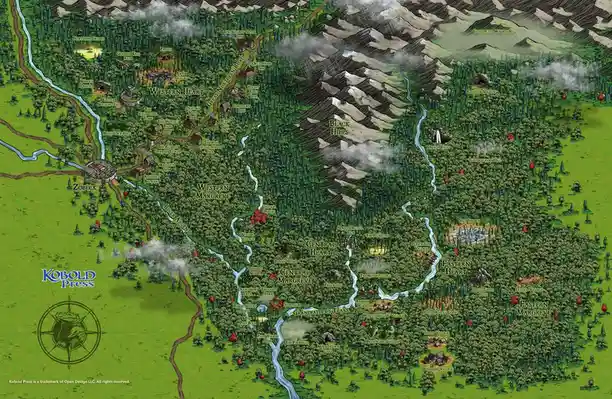 A detailed fantasy map from Kobold Press shows a vast region with forests, rivers, mountains, and numerous labeled locations…