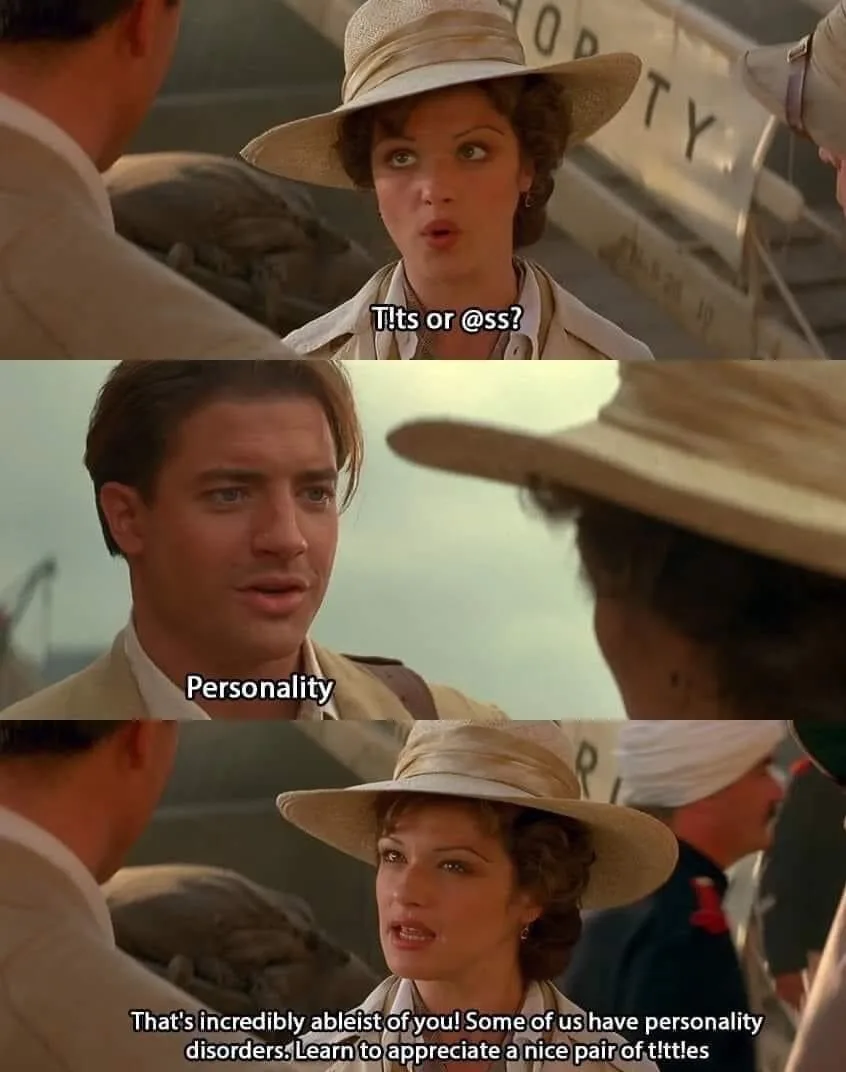 A three-panel meme from the movie 'The English Patient' shows a woman in a wide-brimmed hat asking 'Tlts or @ss?' while a…