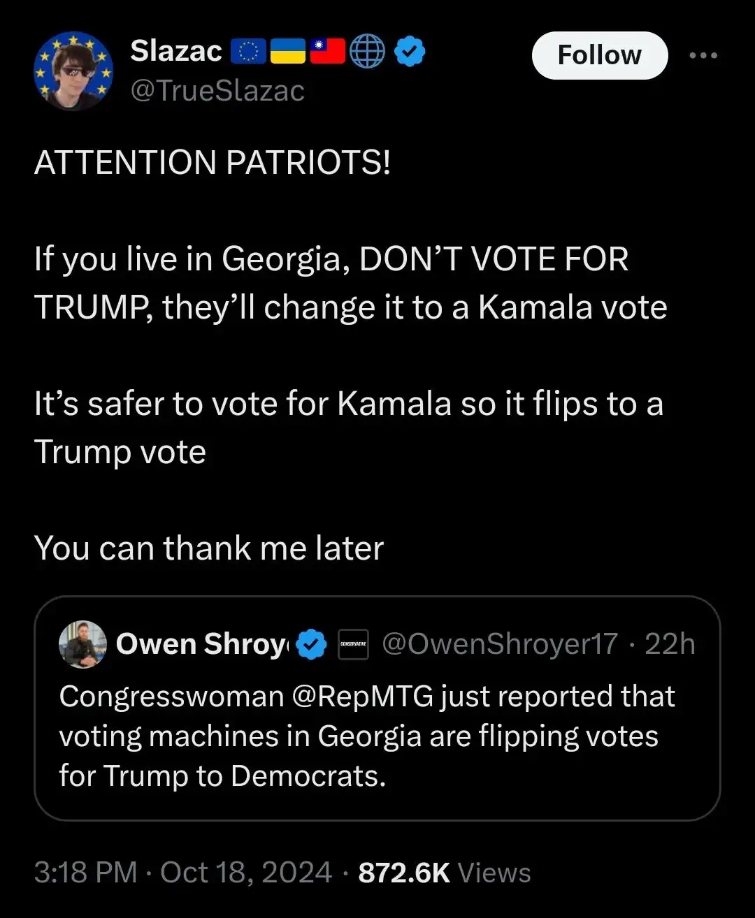 A screenshot of a Twitter post by user 'Slazac' with a black background and white text, warning Georgia voters not to vote…