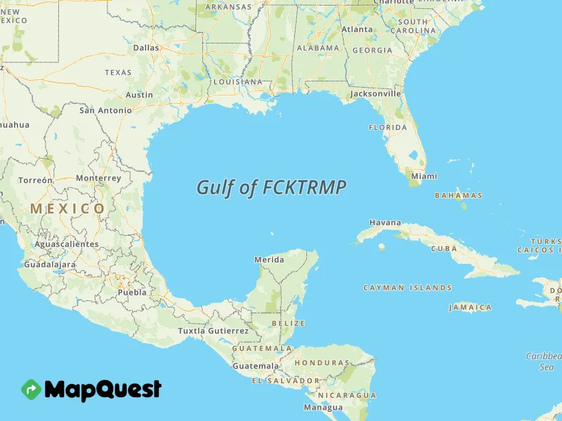 A map of the Gulf of Mexico and surrounding areas, with the body of water labeled 'Gulf of FCKTRMP' in large gray text. The…