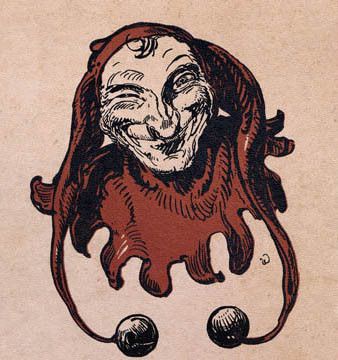 a vintage-style illustration depicts a grotesque, red-skinned devil with a wide, toothy grin and long, flowing hair…