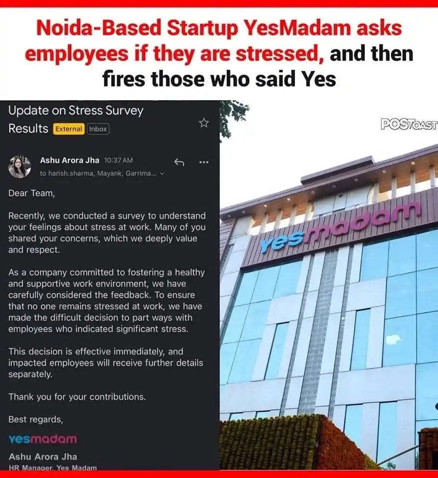 An image shows a screenshot of an email from YesMadam's HR Manager Ashu Arora Jha announcing that employees who reported…