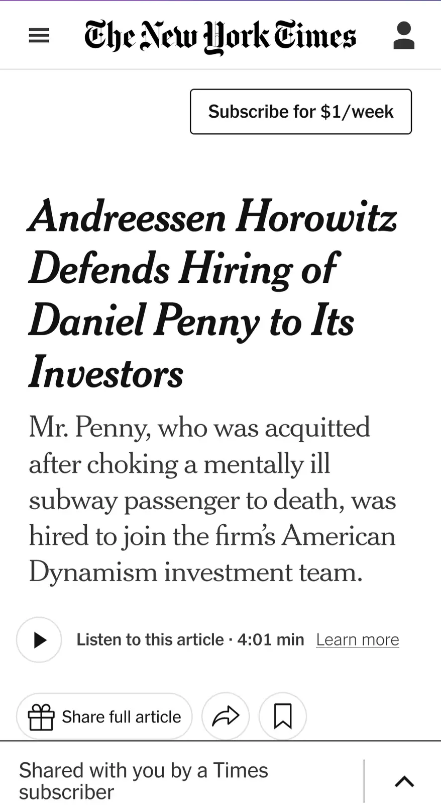 The image shows a screenshot of a New York Times article with the headline 'Andreesen Horowitz Defends Hiring of Daniel…
