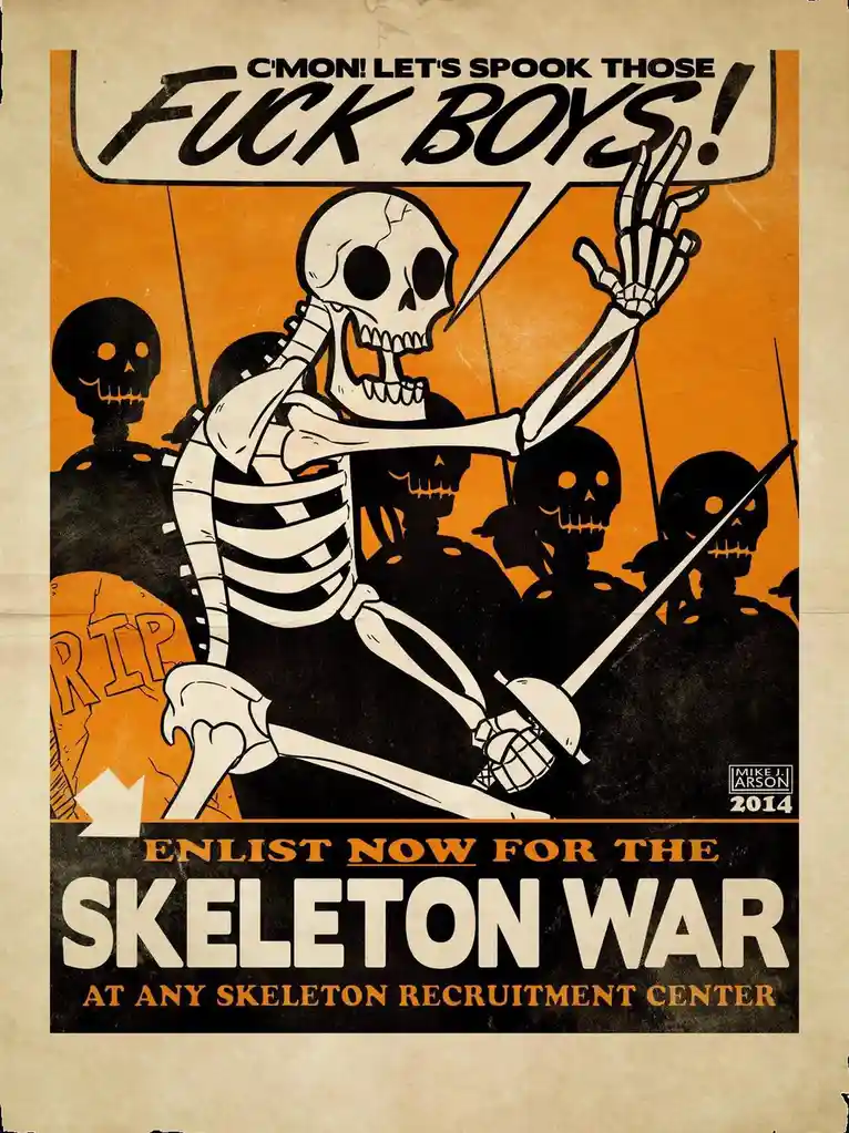A vintage-style recruitment poster features a white skeleton in a dynamic pose, holding a sword and raising one hand, with a…