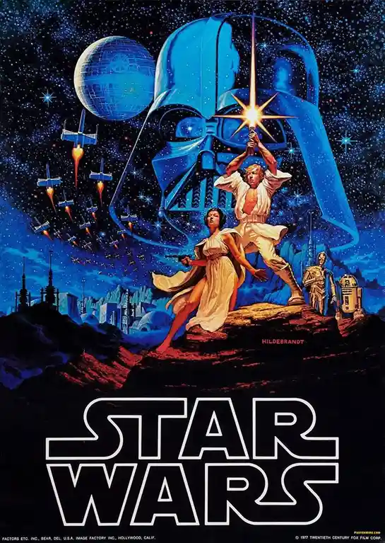 A classic Star Wars movie poster featuring Darth Vader's helmet looming large in the background, with Luke Skywalker holding…