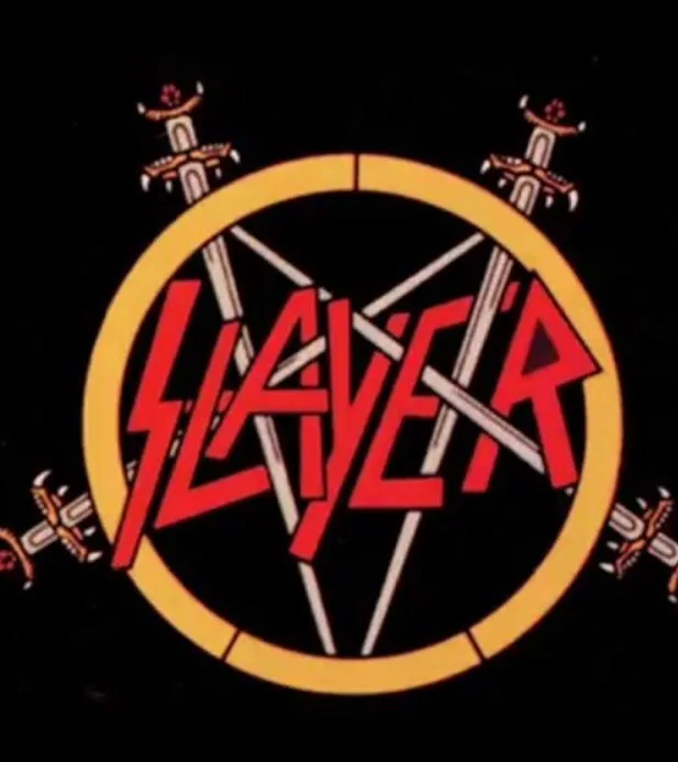 The image displays the iconic Slayer band logo, featuring the word 'SLAYER' in bold red stylized lettering inside a yellow…