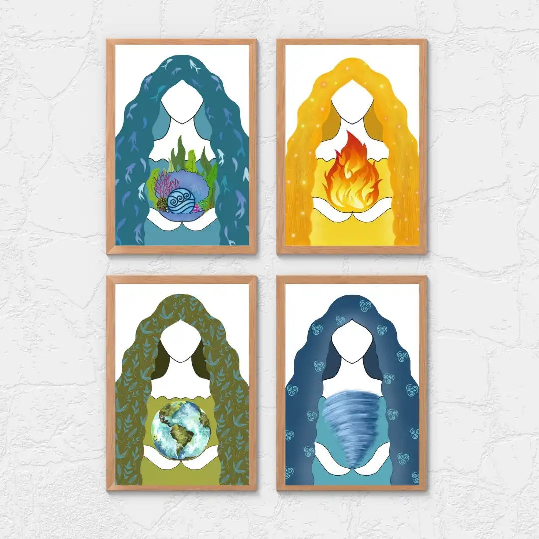 Four framed illustrations hang on a textured white wall, each depicting a stylized female figure with long hair representing…