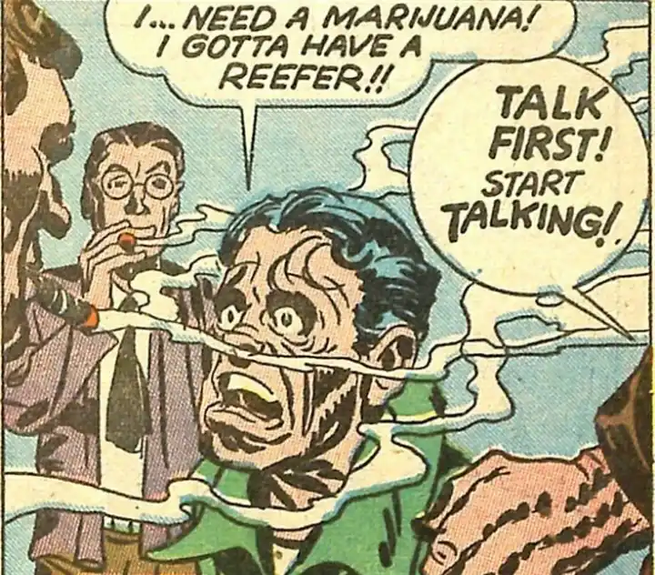 A vintage comic book panel shows a man with a terrified expression, smoke billowing from his mouth, while another man in the…