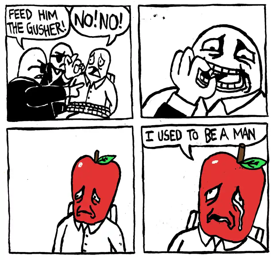 A four-panel comic strip shows three men at a keyboard, one yelling 'FEED HIM THE GUSHER!' while another screams 'NO! NO!'…