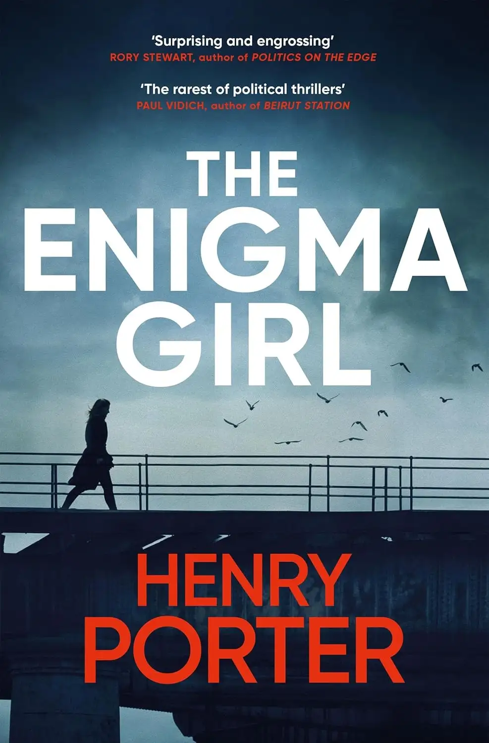 The image is a book cover for 'The Enigma Girl' by Henry Porter, featuring a silhouette of a woman walking on a bridge…