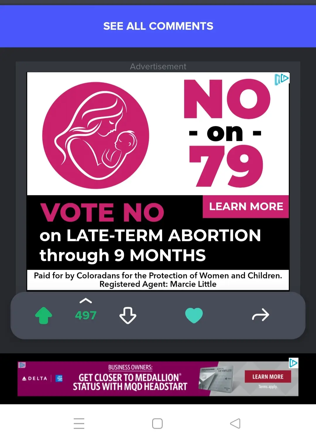 A screenshot of a political ad on a mobile app showing a pink circular logo with a mother and baby silhouette, alongside…