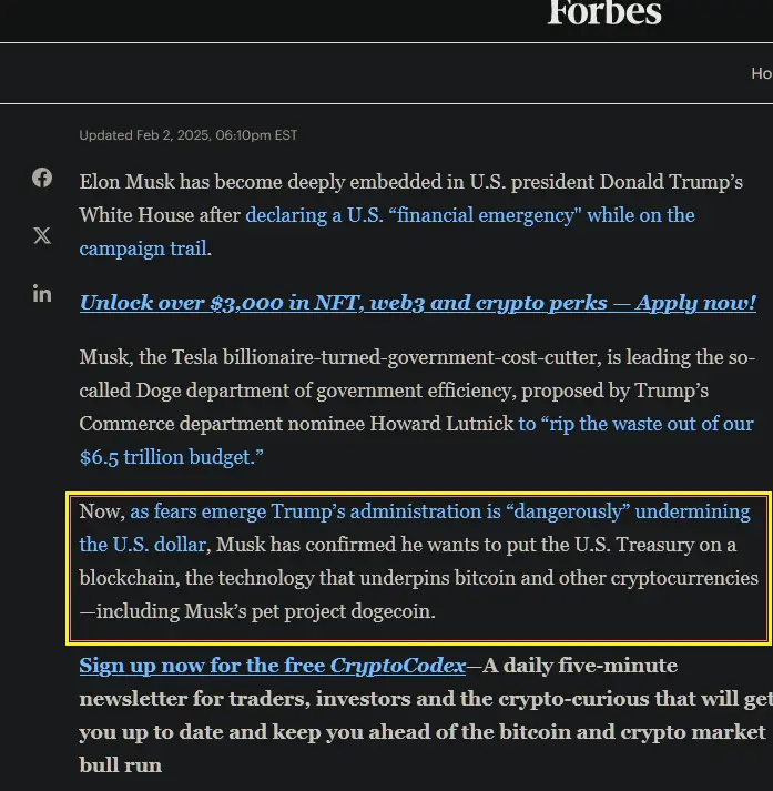 A screenshot of a Forbes article dated Feb 2, 2025, highlights a paragraph where Elon Musk is reported to want to put the…
