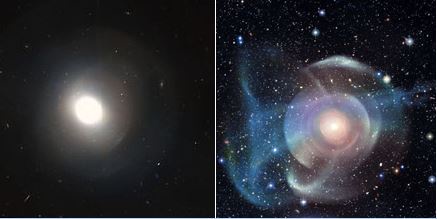 The image displays two side-by-side astronomical photos: the left shows a bright, isolated star with a faint, diffuse halo…