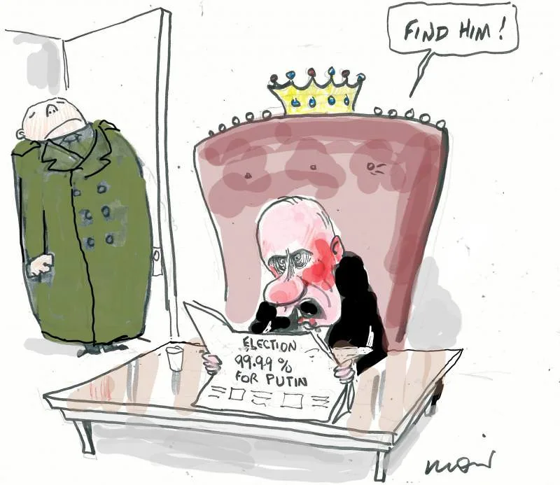 A cartoon depicts a bald man with a crown sitting on a throne, reading a newspaper that says 'ELECTION 99.99% FOR PUTIN'…