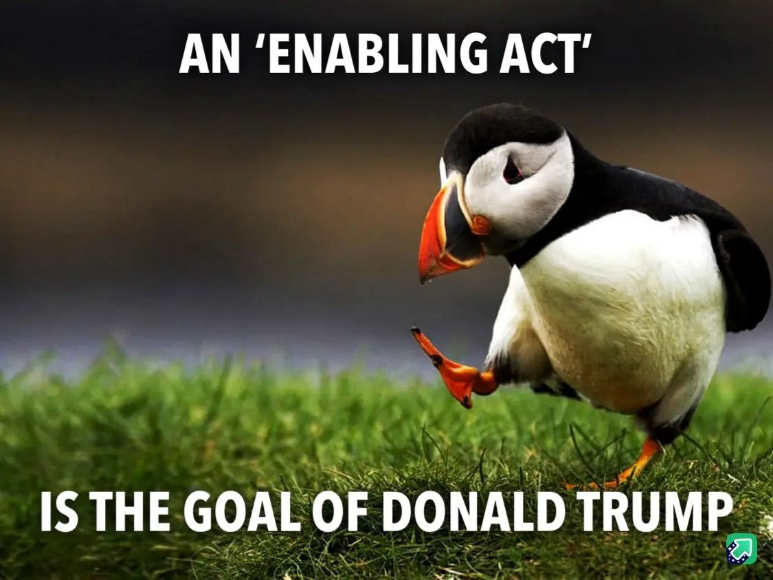 A puffin stands on green grass, looking down with one foot lifted, as if in thought or contemplation. White bold text at the…